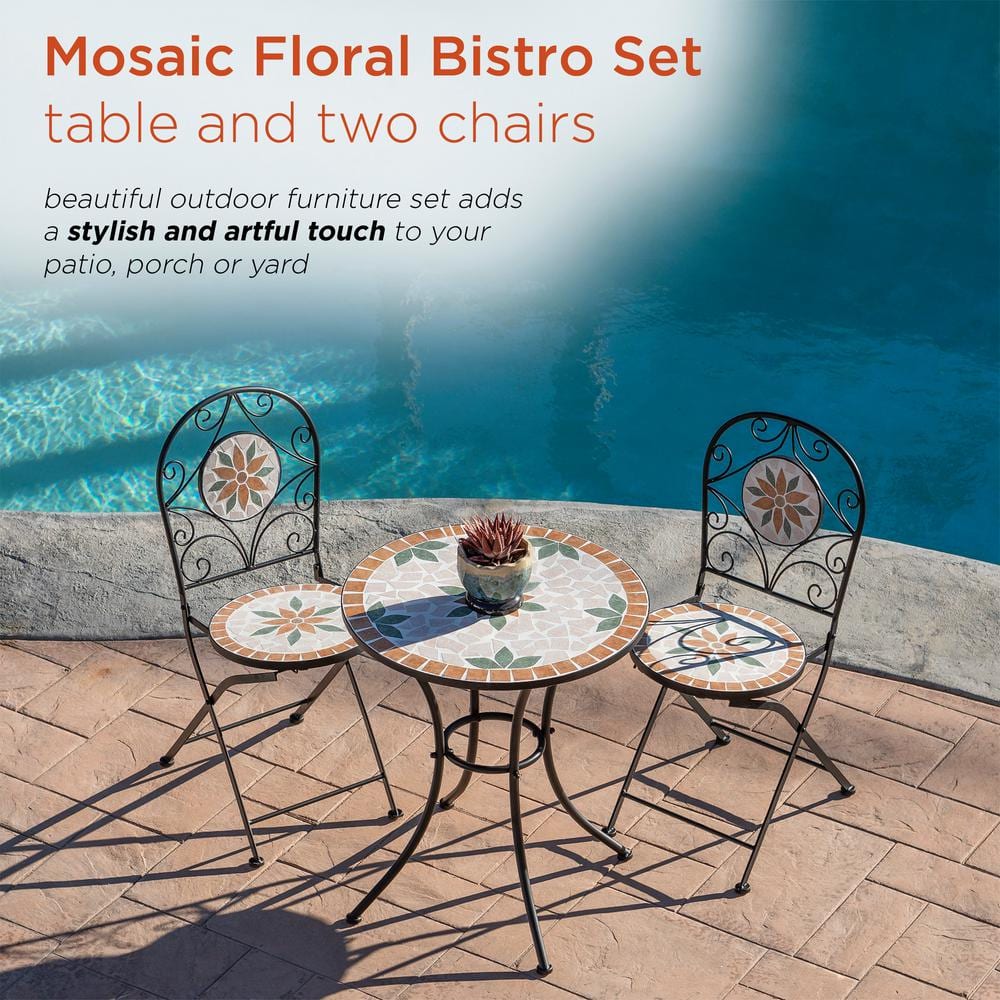 Alpine Corporation Indoor/Outdoor 3-Piece Mosaic Bistro Set Folding Table and Chairs Patio Seating, Tan JFH918A