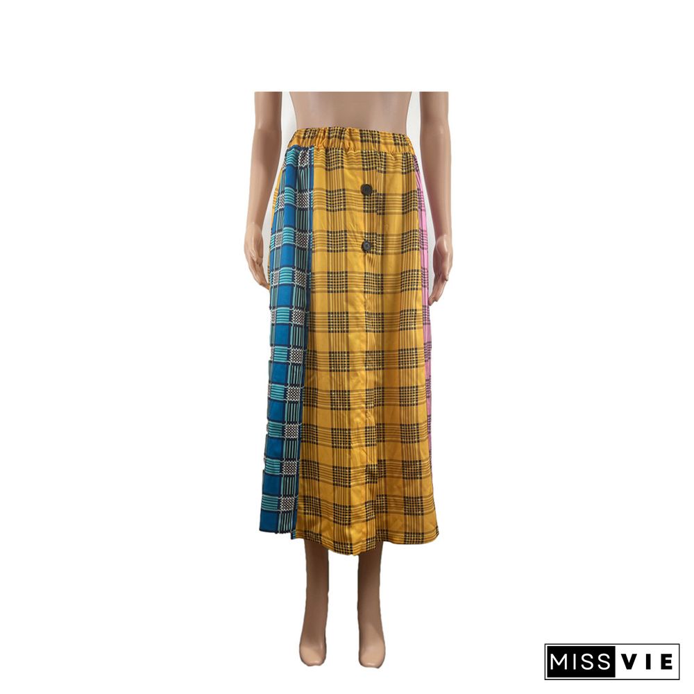 High Waist Plaid Print Patchwork Buttons Design Slit Skirts