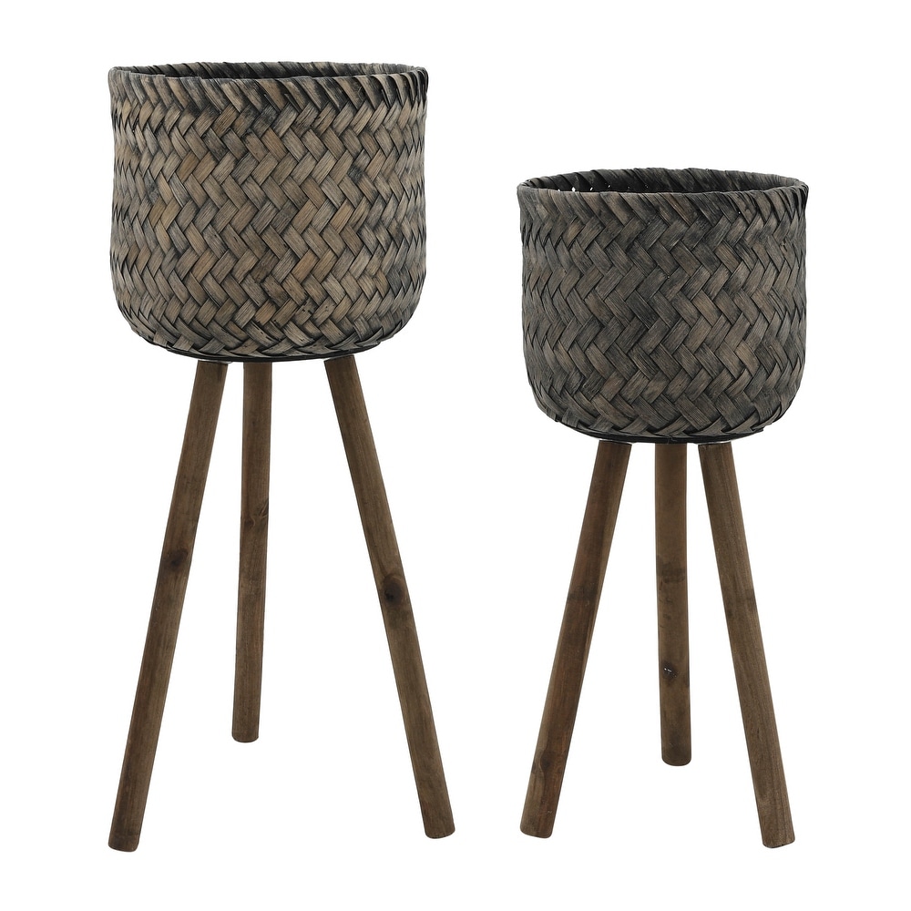 Set of 2 Bamboo Wood Planters on Stands  Indoor Outdoor  Brown/Black  12 L x 12 W x 23 H   12\