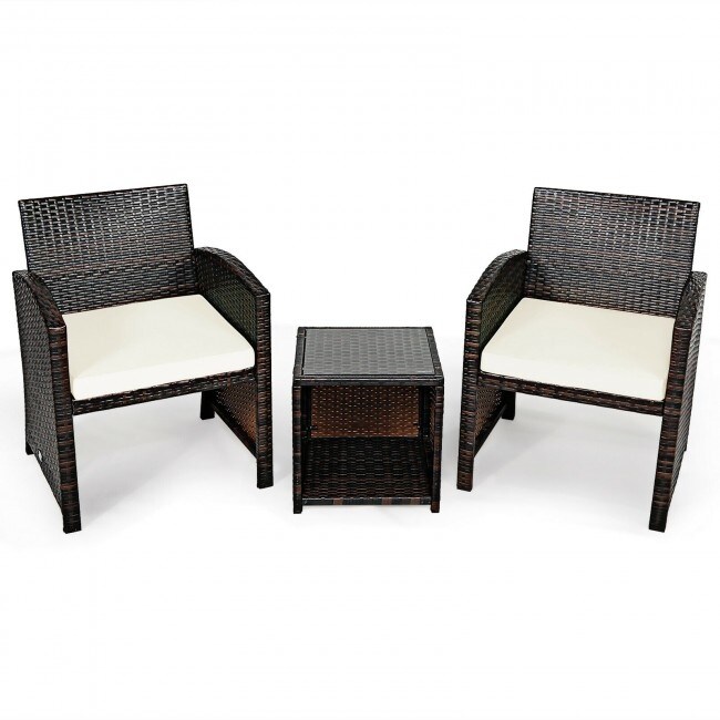 3 Pieces PE Rattan Wicker Furniture Set with Cushion Sofa Coffee Table for Garden   23\