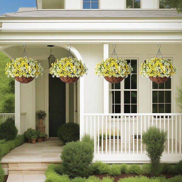 Artificial Silk Flowers Hanging Baskets Outdoors，Chrysanthemum with Eucalyptus Leaves in Metal Coconut Lining Flowerpot