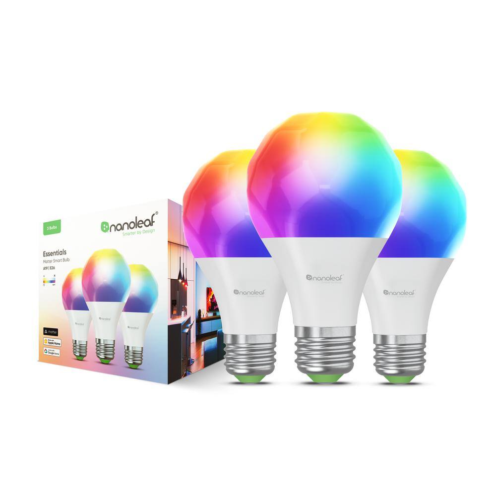 Nanoleaf Essentials Matter A19 Smart Bulb Bright White and Color 60-Watt Equivalent- Thread and Bluetooth (3-Pack) NF080B03-3A19E