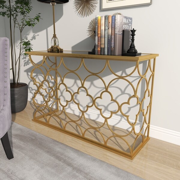 Gold Metal Quatrefoil Design Geometric with Glass Top Accent and Coffee Table Collection