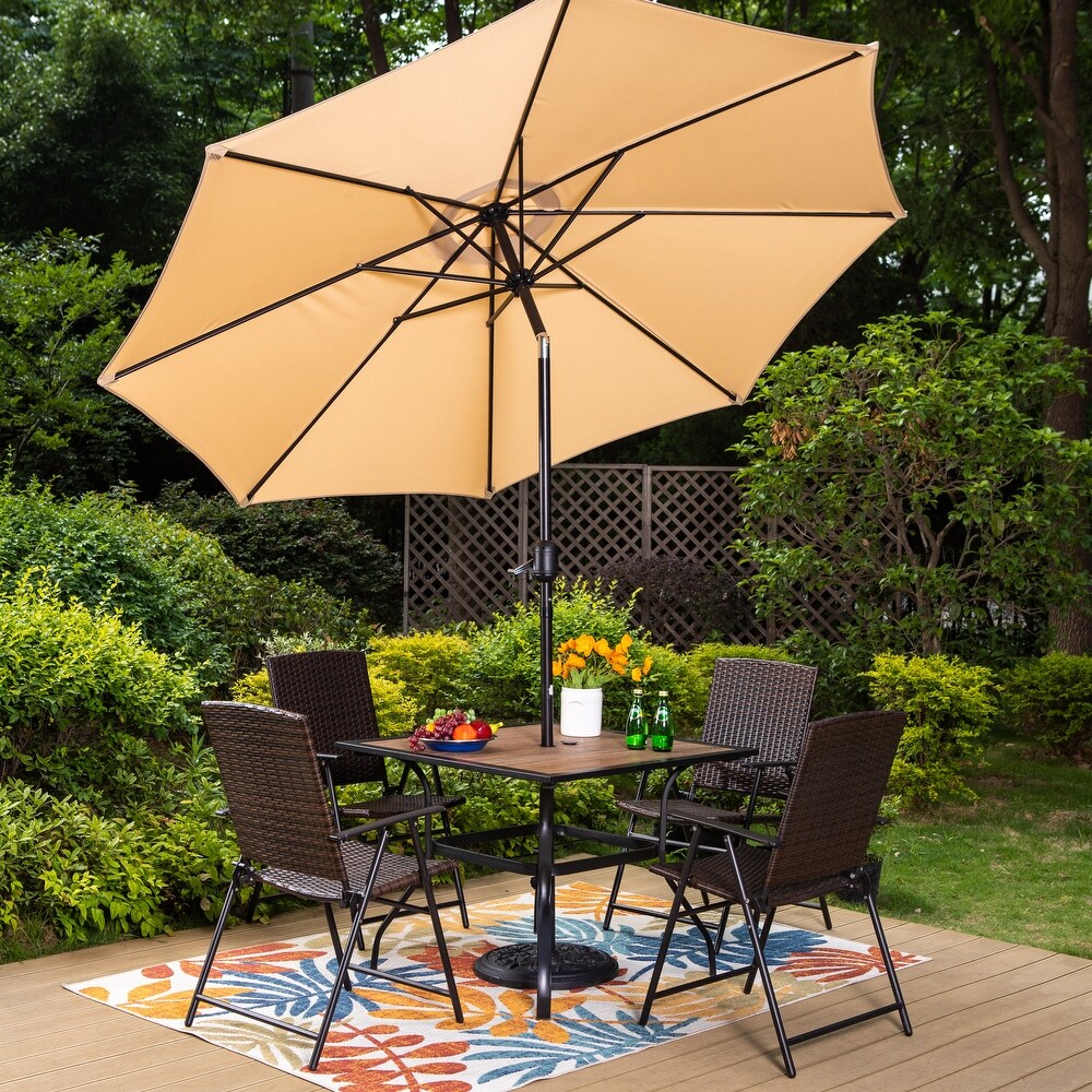 PHI VILLA 3/5 Piece Patio Rattan Folding Dining Set with 9ft Umbrella