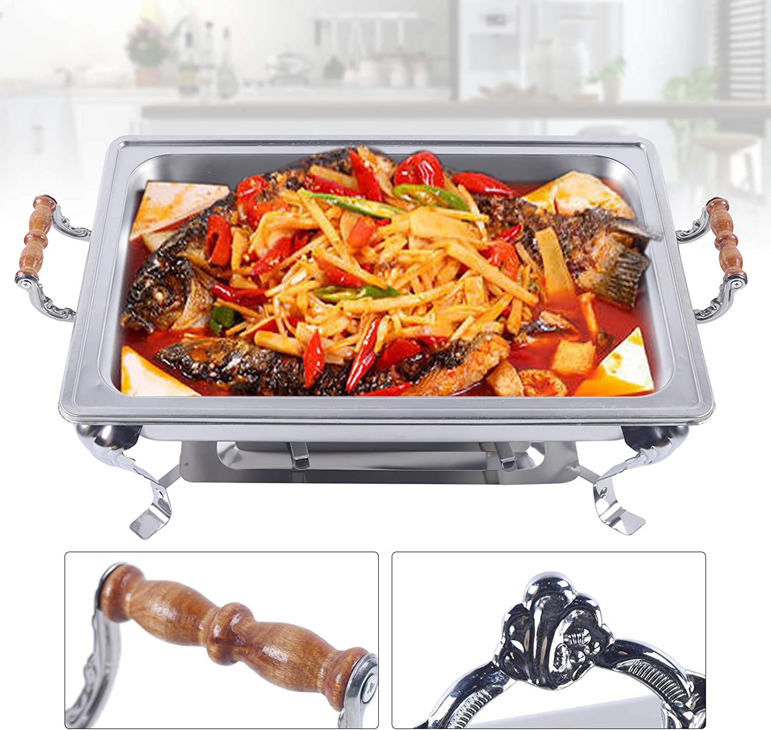 Loyalheartdy 8QT Stainless Steel Chafer Chafing Dish Buffet Set Silver Rectangle Buffet Party Food Warmer 25.98*14.17*15.74In