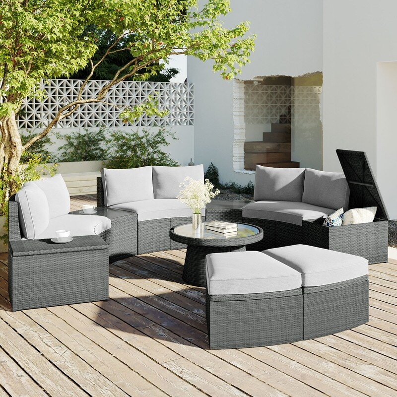 10 Piece Outdoor Sectional Half Round Patio Rattan Sofa Set  PE Wicker Conversation Furniture Set