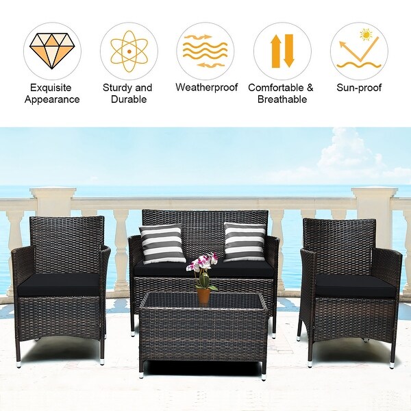 Costway 4PCS Rattan Patio Furniture Set Cushioned Sofa Chair Coffee