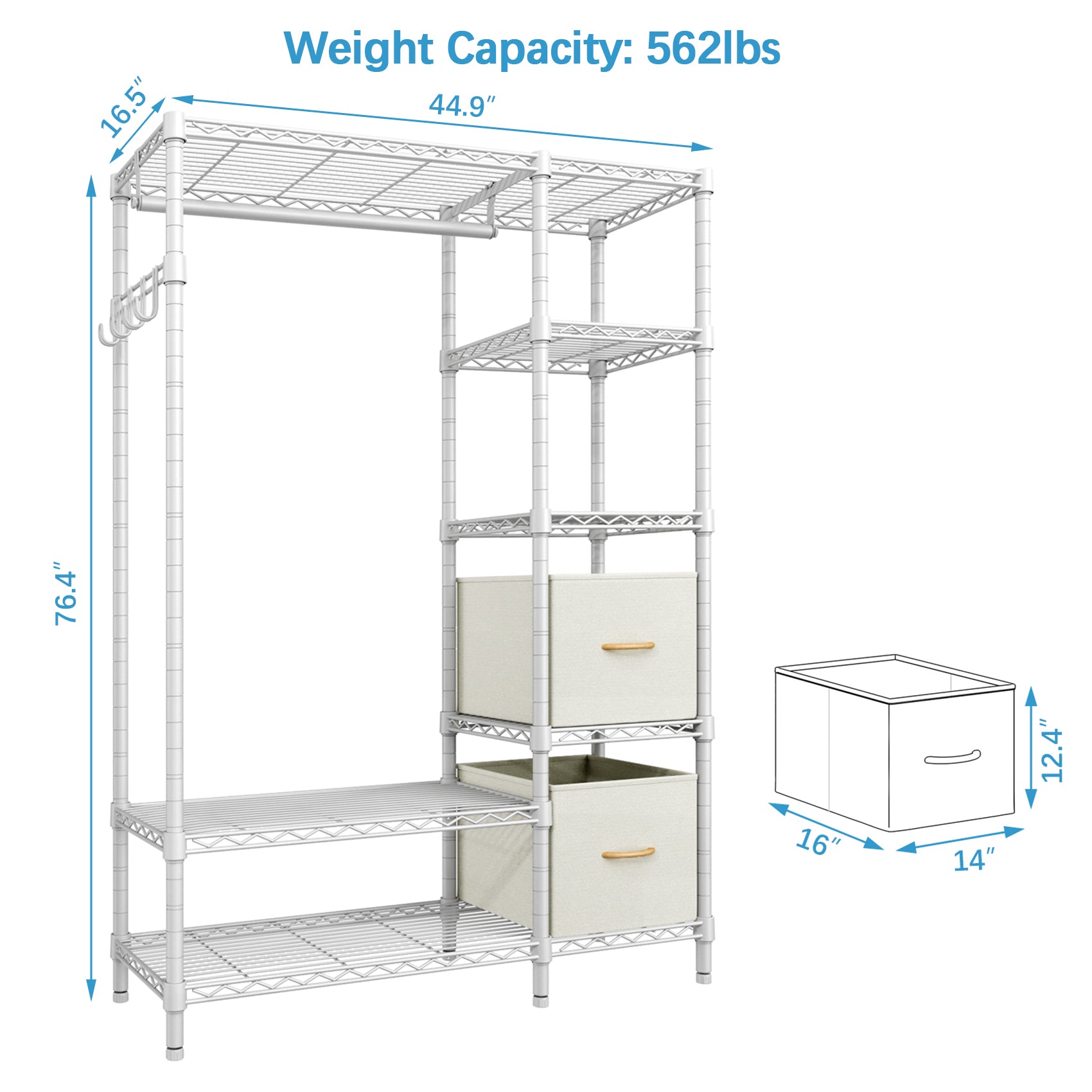 VIPEK V7 6 Tiers Wire Garment Rack Metal Clothing Rack, 44.9"L x 16.5"W x 76.4"H, Max Load 562LBS, White