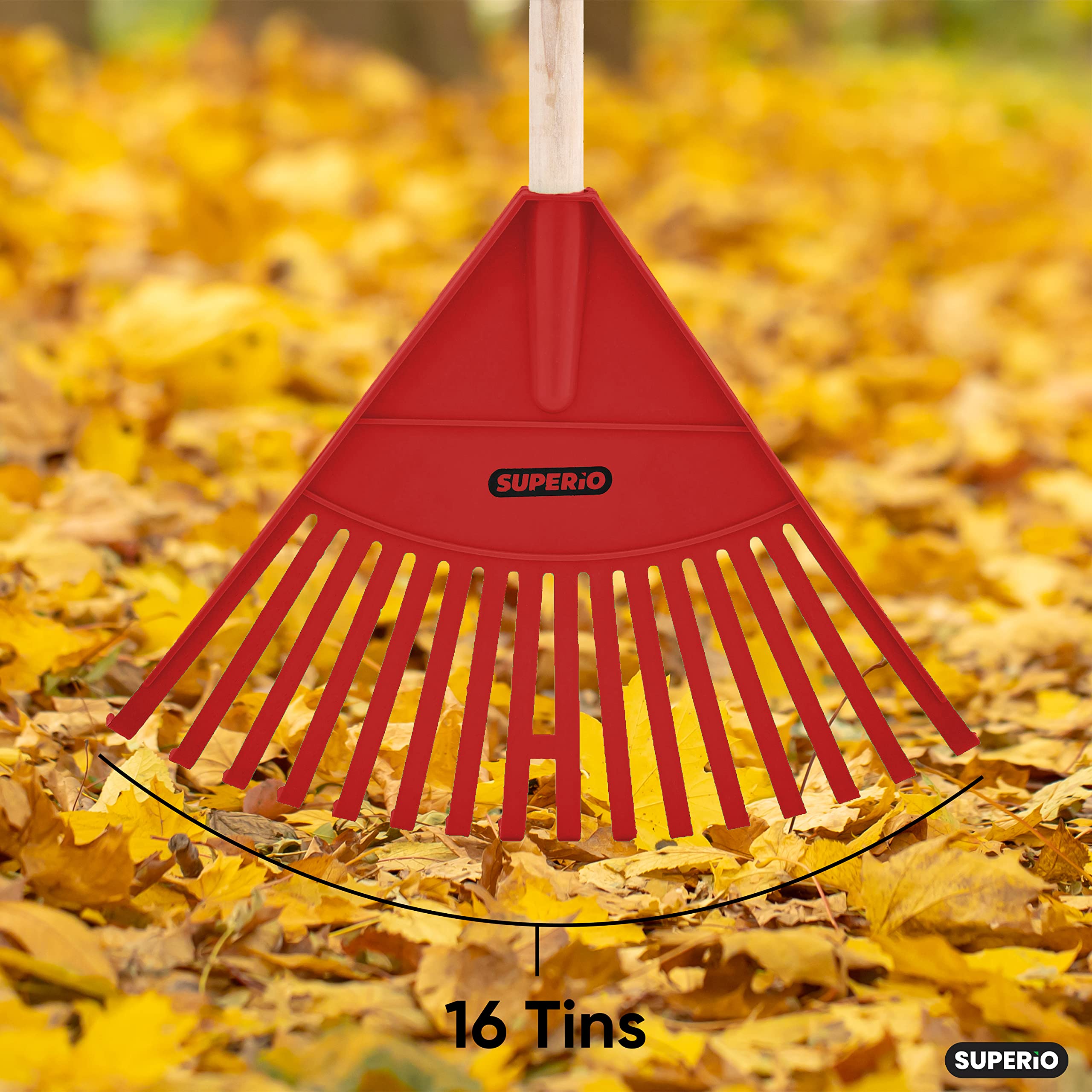 Superio Kids Rake with Hardwood Handle- Durable Plastic Red Head to Sweep Leaves in Lawn and Tidying Up The Garden – 34 “Height