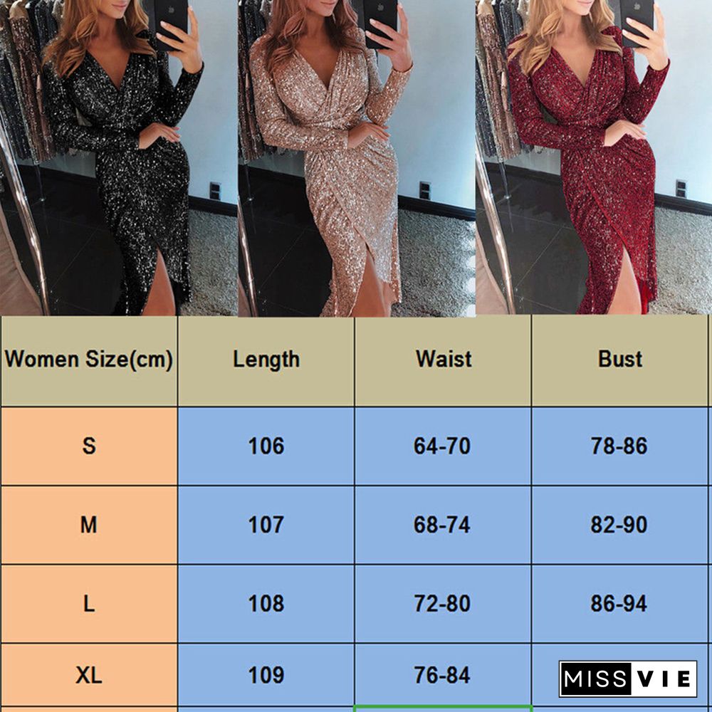 Sexy Women Dress Fashion Sequin Women Long Sleeve Dress Maxi V Neck Long Dresses Casual Summer Split Wrap Ladies Party Dresses