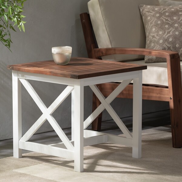 Outdoor Two Toned Side Table with Xshaped Supports and a Slatted Tabletop