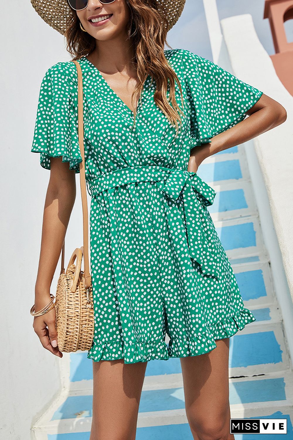 Polka Dot V Neck Waist Tie Ruffle Romper