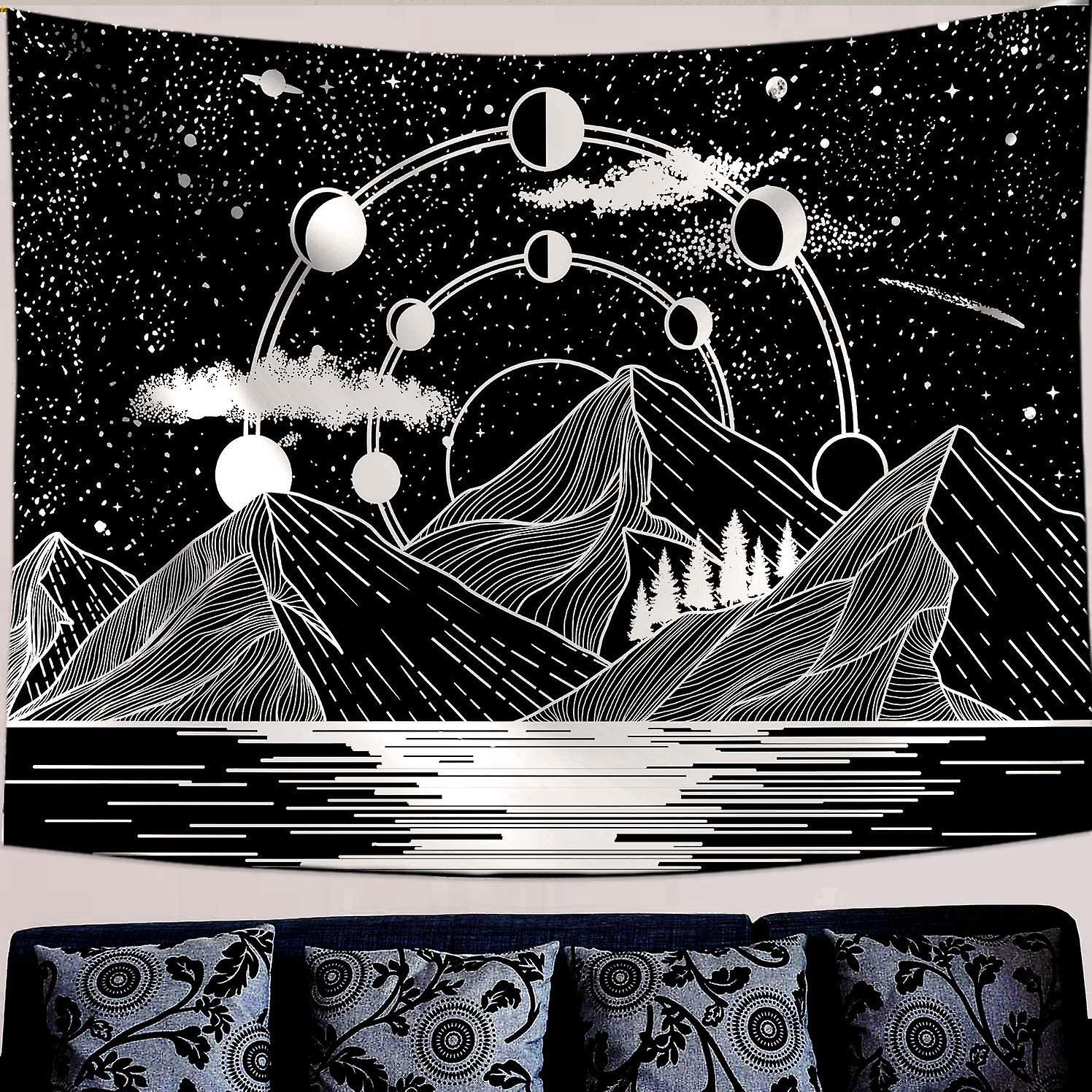 Mountain Moon Tapestry Stars River Black And White Art Tapestry Wall Hanging Home Decor (60