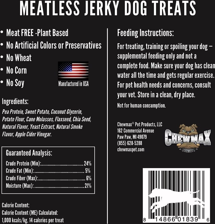 ChewMax Pet Products Meatless Jerky Natural Chew Dog Treats， 5-oz bag