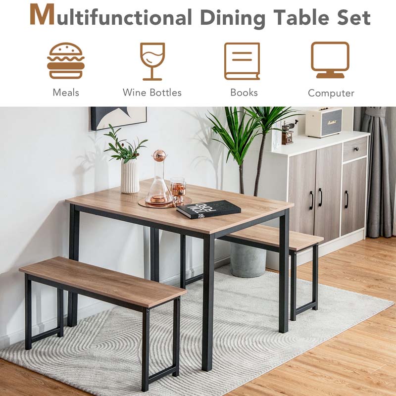 4-Person Dining Table Bench Set with Wooden Tabletop & Metal Frame, Indoor Outdoor Modern Dining Set for Kitchen