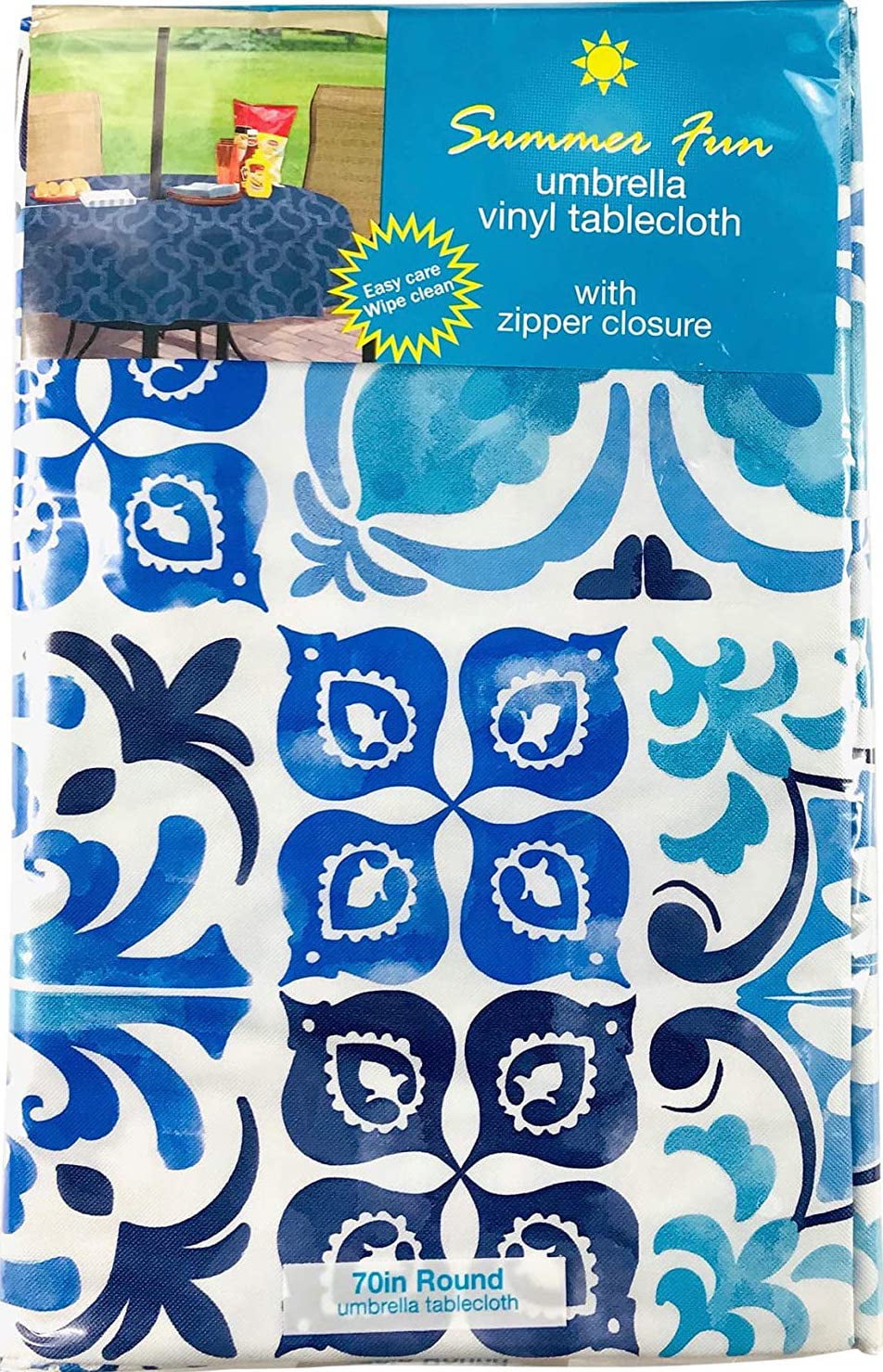 Elrene Summer Vinyl Tablecloths: Umbrella Hole with Zipper 60" x 84", Lapis Blue Tile Design