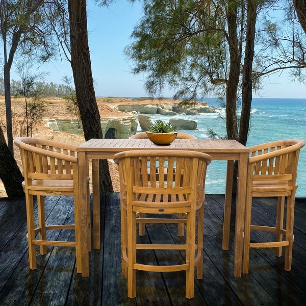 Chic Teak 5 Piece Teak Wood Peanut Patio Bistro Bar Set with 4 Bar Chairs and 55