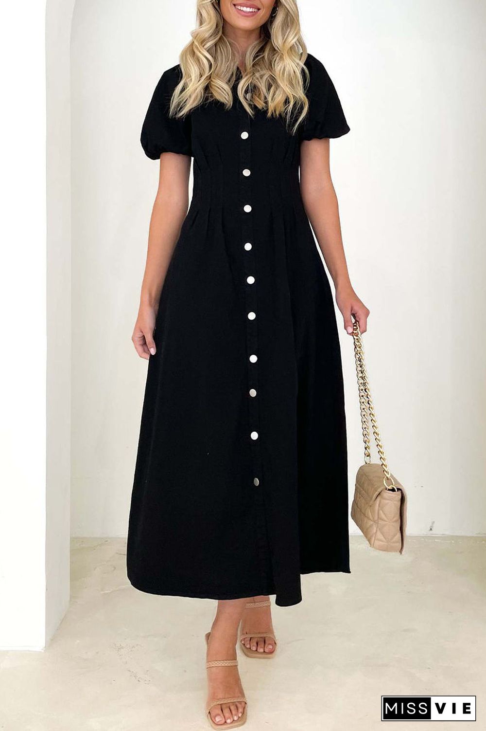 Casual Solid Buckle Turndown Collar A Line Dresses