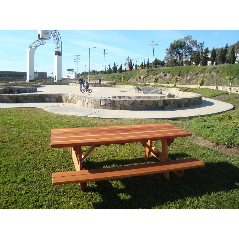 Outdoor 1905 Super Deck Finished 8 ft. Redwood Picnic Table with Attached Benches PTACHBB-8SC1905