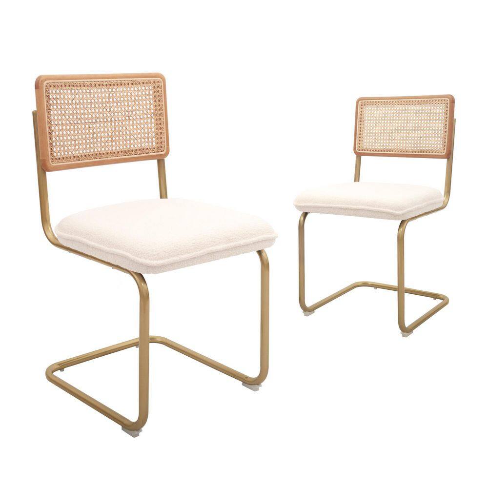 Modern Dining Accent Rattan Kitchen Armless Mesh Back Cane Chairs Upholstered with Metal Chrome Legs Set of 2 White CL-191622