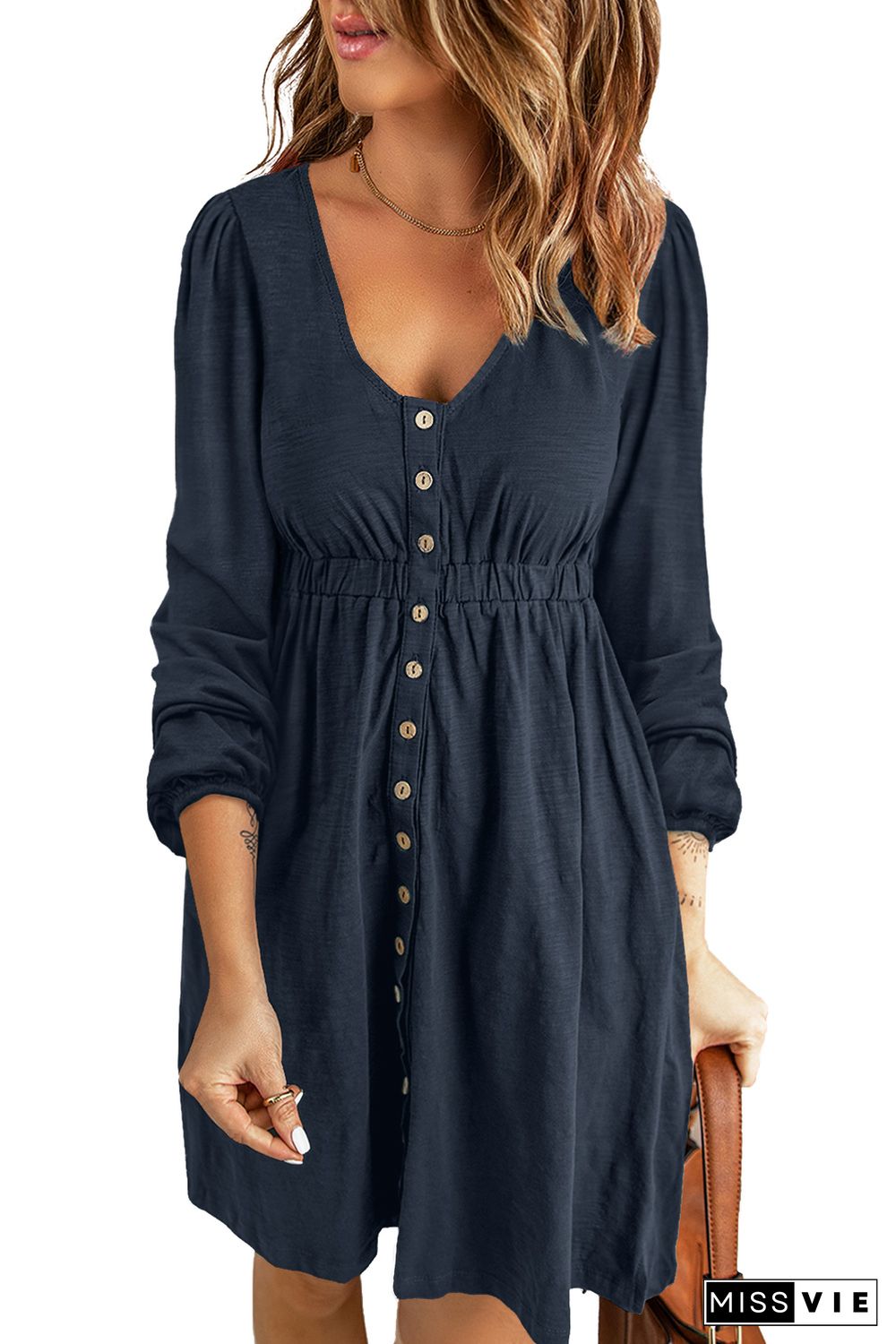 Dark Blue Button Up High Waist Long Sleeve Dress