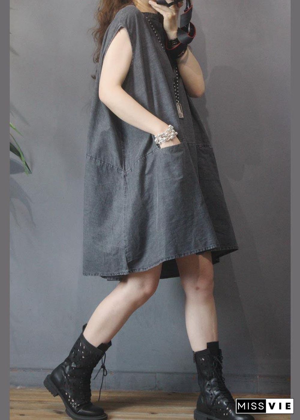 Fitted Black Grey O-Neck low high design Summer Denim Mid Dress