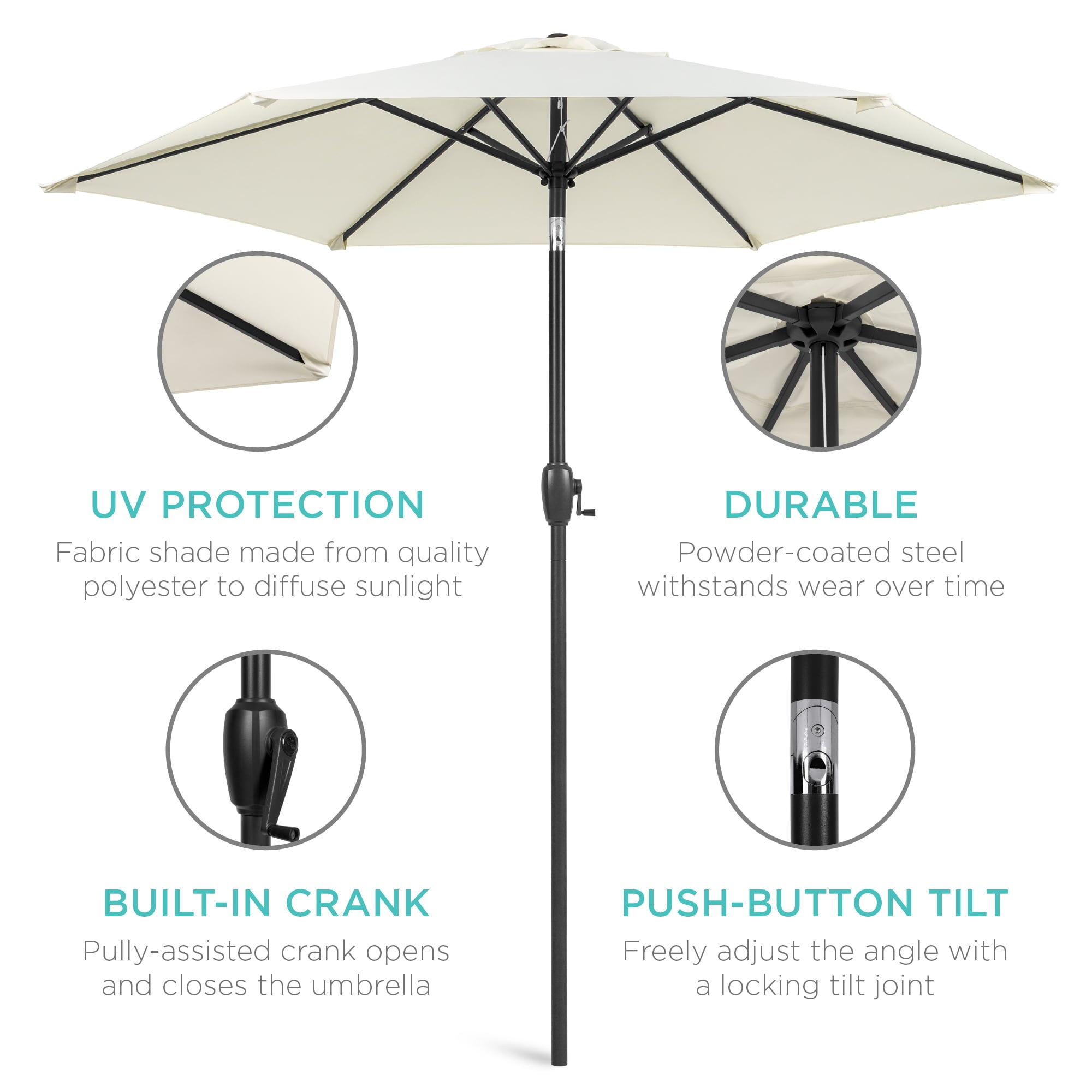 Best Choice Products 7.5ft Heavy-Duty Outdoor Market Patio Umbrella w/ Push Button Tilt, Easy Crank Lift - Cream