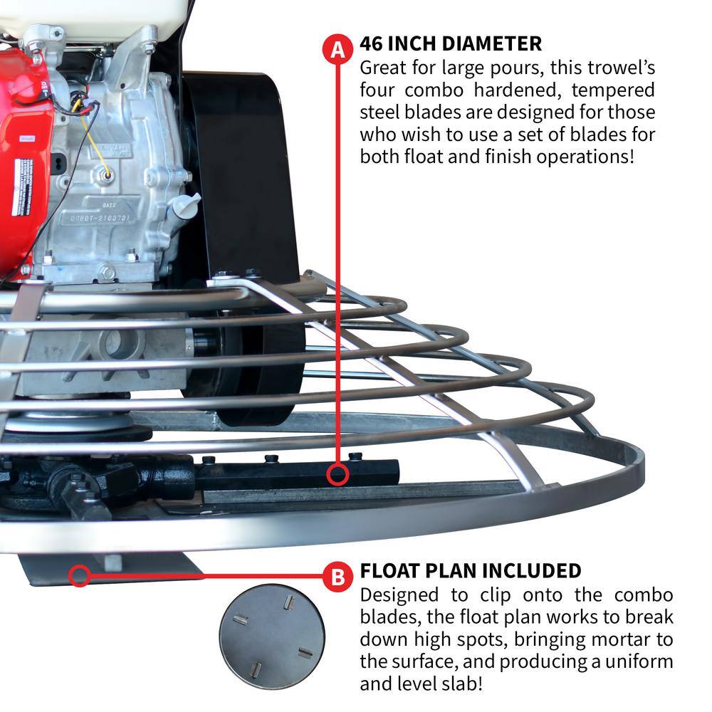 Tomahawk Power TOMAHAWK 46 in. Concrete Finishing Power Trowel 8.5 HP Honda Engine Combo Blades Float Pan Rubber Handle TPT46H-270