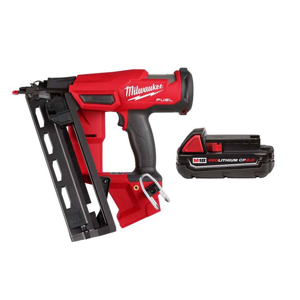 MW M18 FUEL 18 Volt Brushless Cordless Gen II 16-Gauge Angled Finish Nailer Tool Only  M18 18-Volt 2.0 Ah Compact Battery 2841-20-48-11-1820