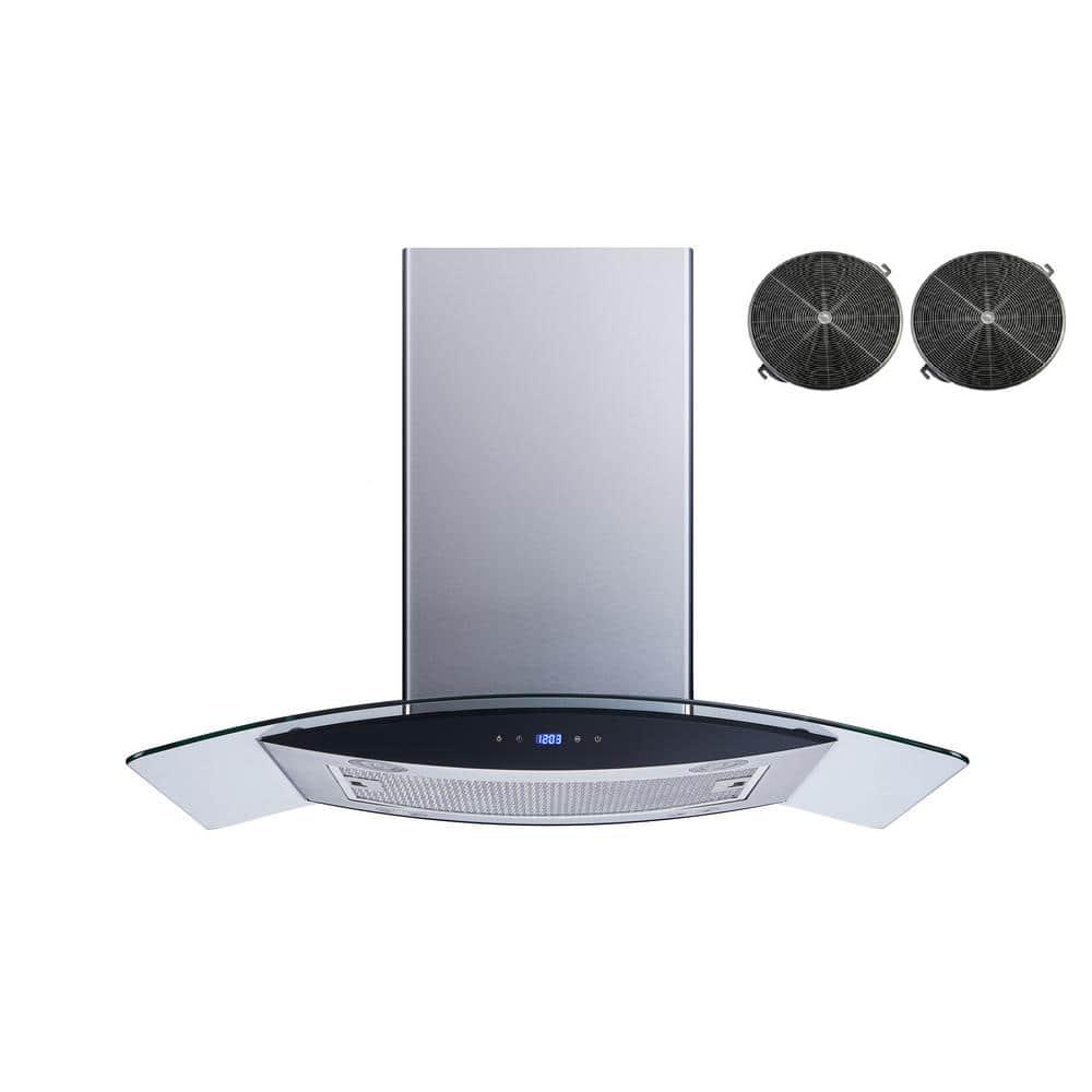 Winflo 36 in 475 CFM Convertible Island Mount Range Hood in Stainless Steel and Glass with Touch Control and Carbon Filters