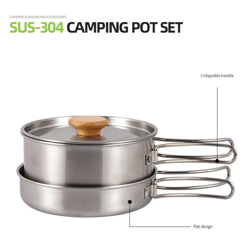 Outdoor mountaineering 304 stainless steel folding handle pot camping portable frying pan soup pot family picnic pot set