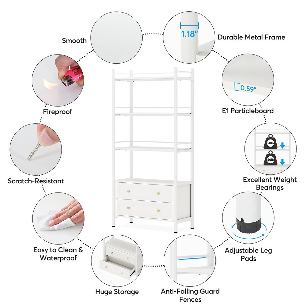 4 Tier White Bookshelf with 2 Drawers  Tall Bookcase with 4 Open Shelf for Small Place