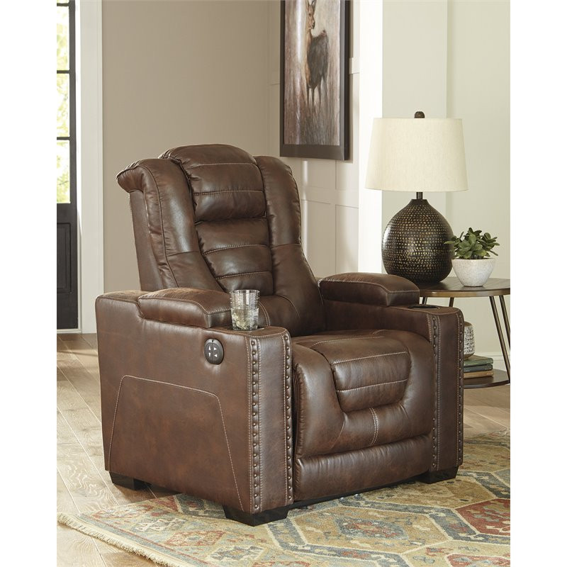 Ashley Furniture Owner  x27s Box Faux Leather Power Recliner in Thyme   Contemporary   Recliner Chairs   by Homesquare  Houzz