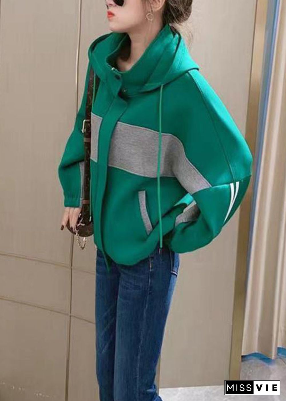 Loose Green Hooded Pockets Patchwork Cotton Coats Fall