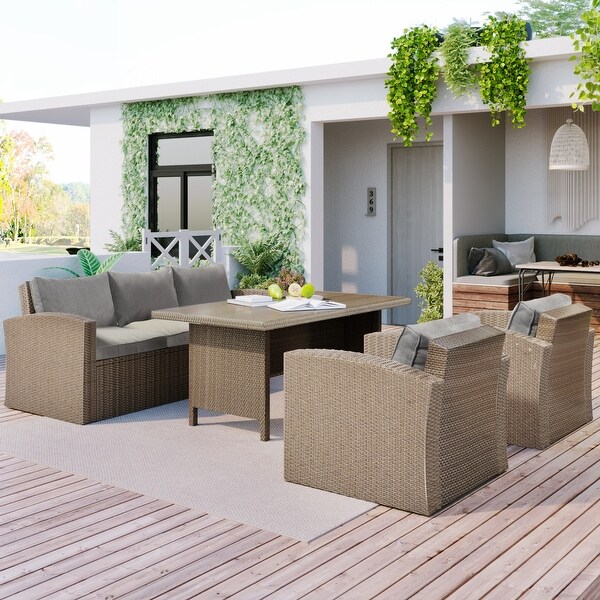 4-Piece Wicker Furniture Set with Table and Cushions - Overstock - 37500108