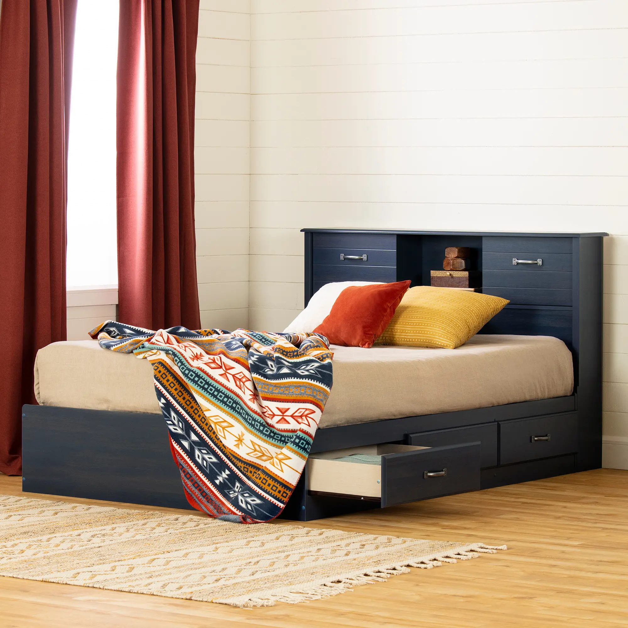 Asten Contemporary Blue Full Storage Platform Bed - South Shore