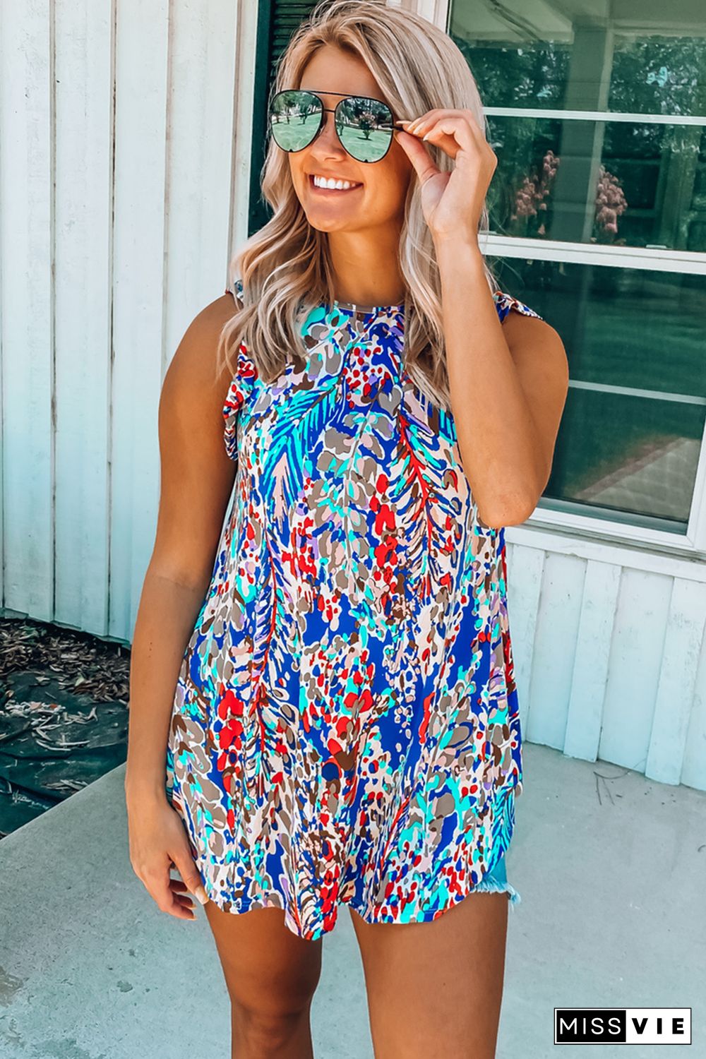 Blue Floral Print Tank Top with Ruffles