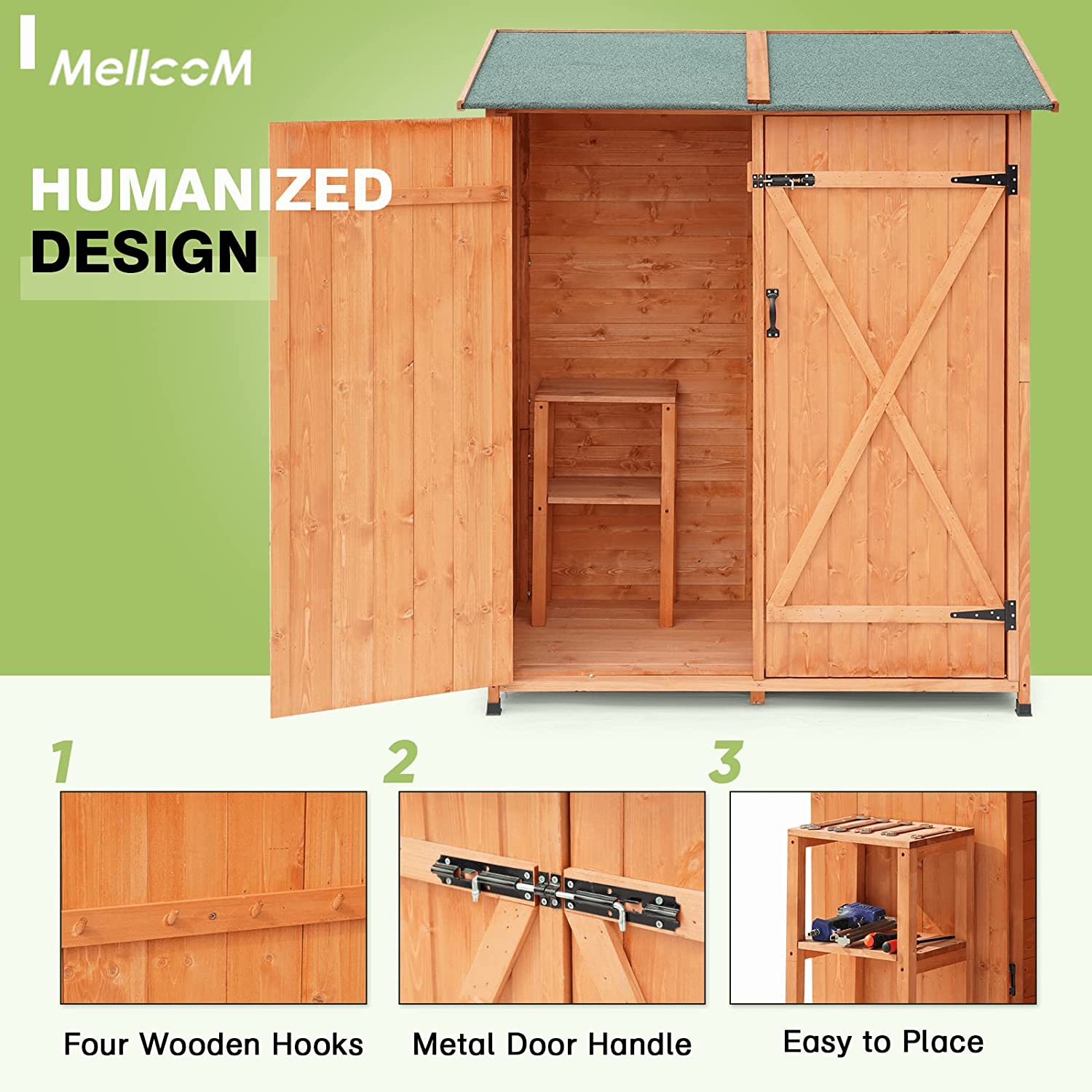 Mellcom Wooden Garden Storage Shed, Outdoor Tool Shed with Asphalt Roof for Patio, Garden, Backyard, Lawn