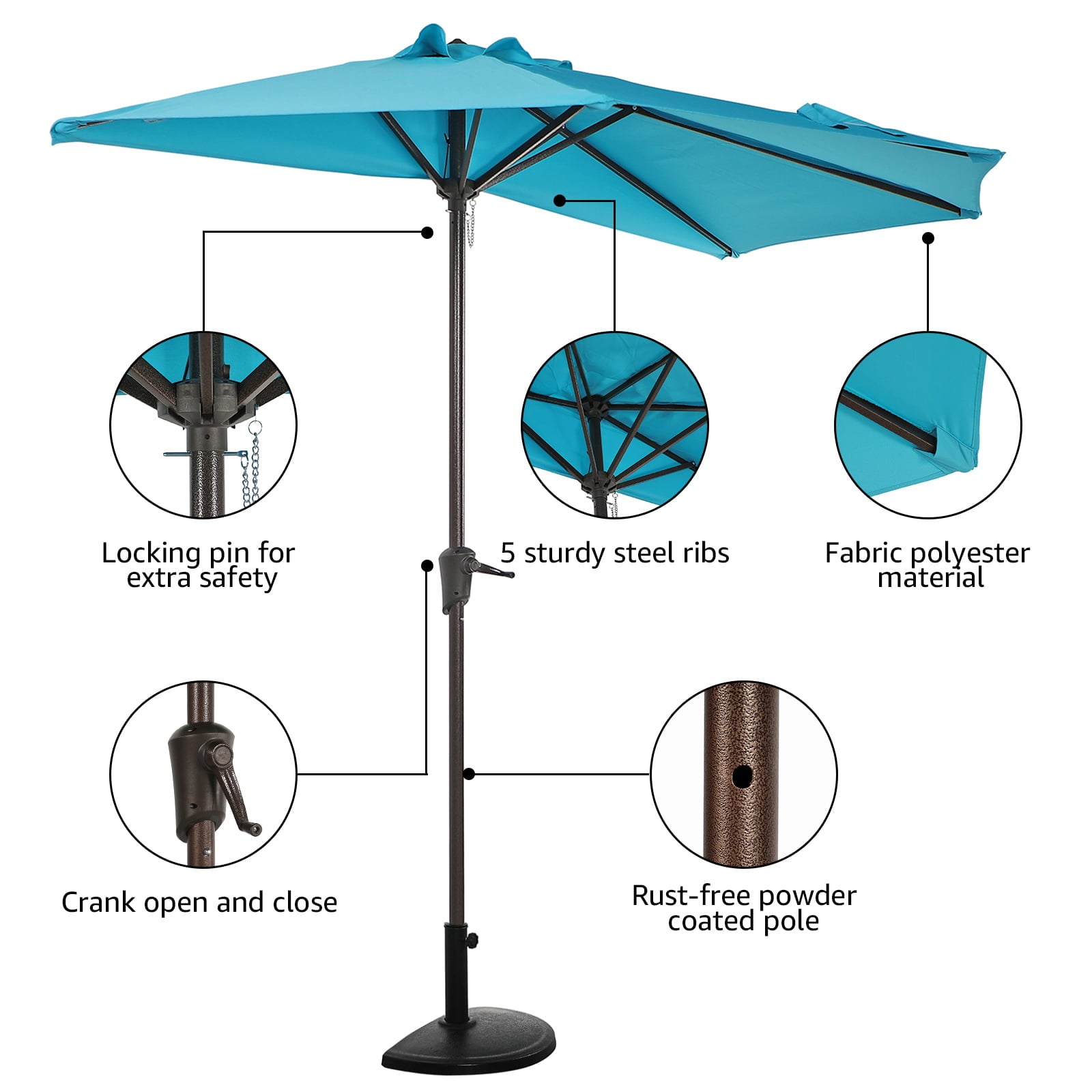 COBANA 9' Half Round Patio Outdoor Umbrella with Heavy-Duty Resin Patio Umbrella Base, Turquoise