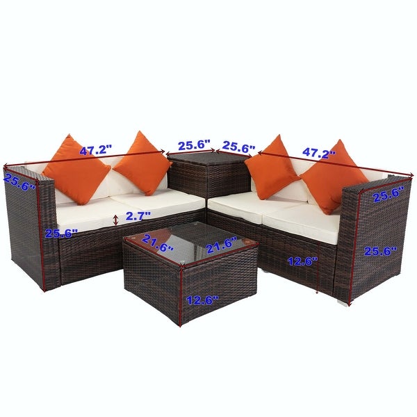 4 Piece Patio Sectional Wicker Rattan Outdoor Furniture Sofa Set with Storage Box -  - 37355246