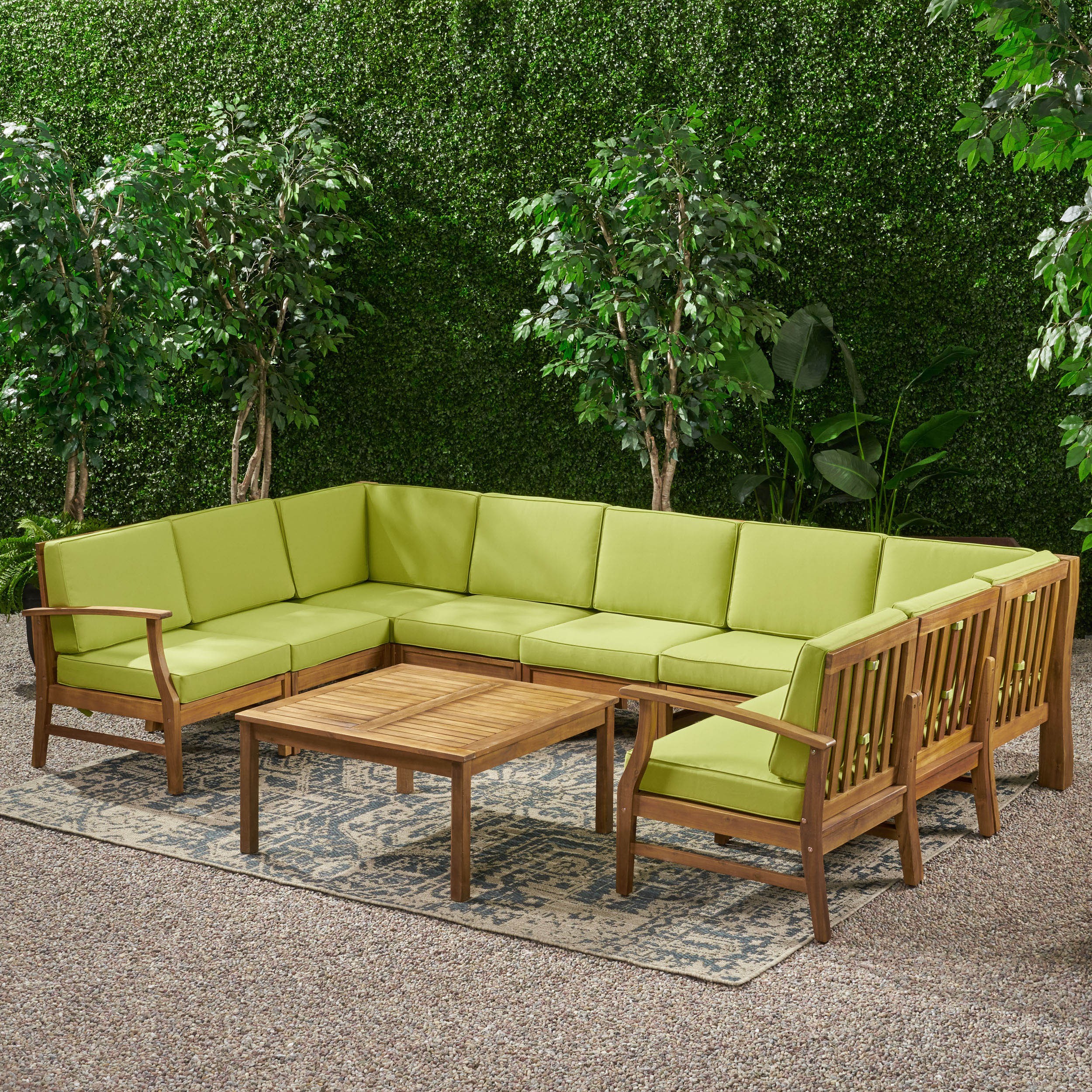 Judith Outdoor 9 Seater Acacia Wood Sectional Sofa Set with Cushions