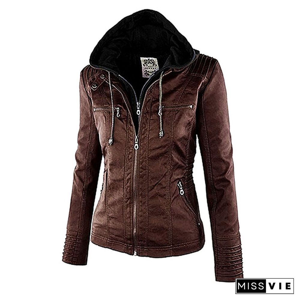 New Arrival Plus Size Women Fashion Autumn Winter Coat Jacket Long Sleeve Zipper New Women's Stylish Slim Removable Hooded Leather Jackets Coat Ladies Tops Motorcycle Coat Outerwear