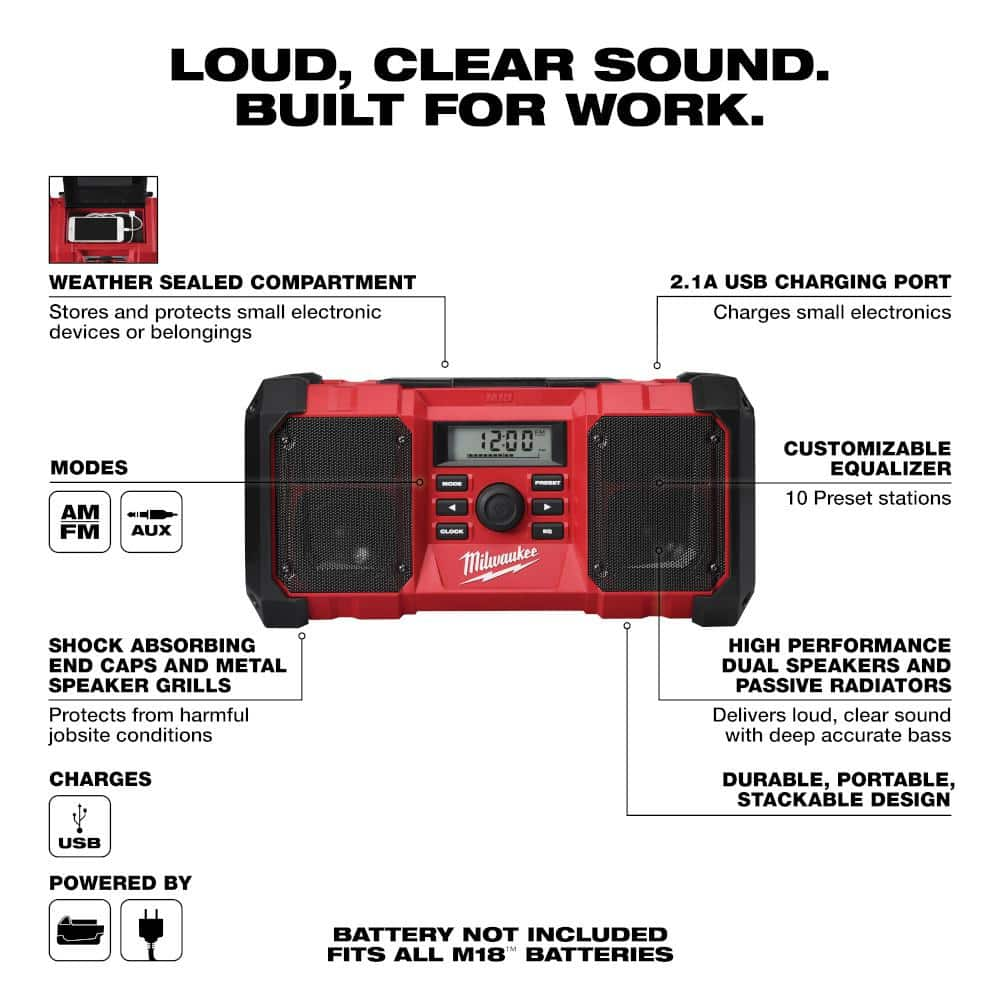 Milwaukee 2890-20 M18 18-Volt Lithium-Ion Cordless Jobsite Radio