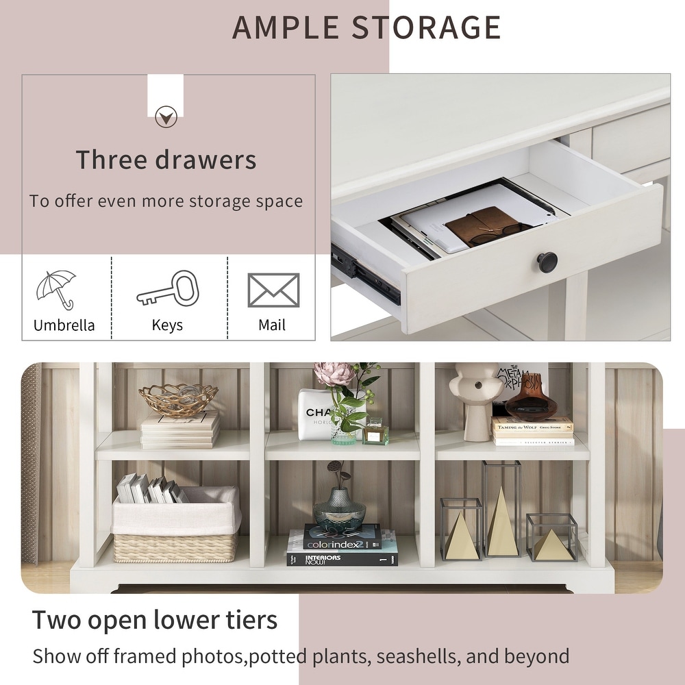 Retro Console Table/Sideboard with Ample Storage  Open Shelves Solid Wooden Frame and 3 Drawers for Living Room  Easy Assembly