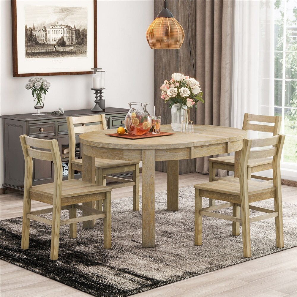 Farmhouse 5 Piece Extendable Round Dining Table Set with Drawers