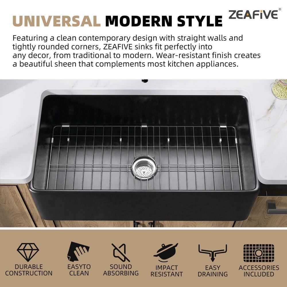 Zeafive 33 in. Fireclay Farmhouse Apron Front Single Bowl Kitchen Sink Matte Black With Bottom Grid and Strainer ZFC3318-B2