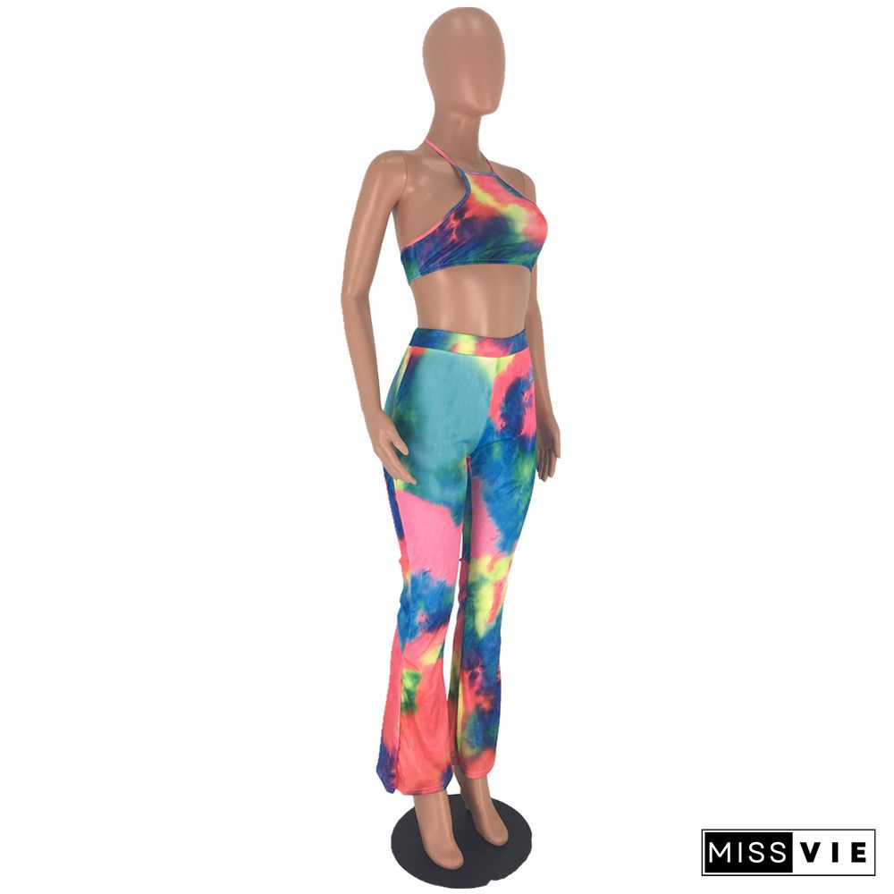 Tie Dye Sexy Halter Backless Crop Top Long Pants 2 Piece Set