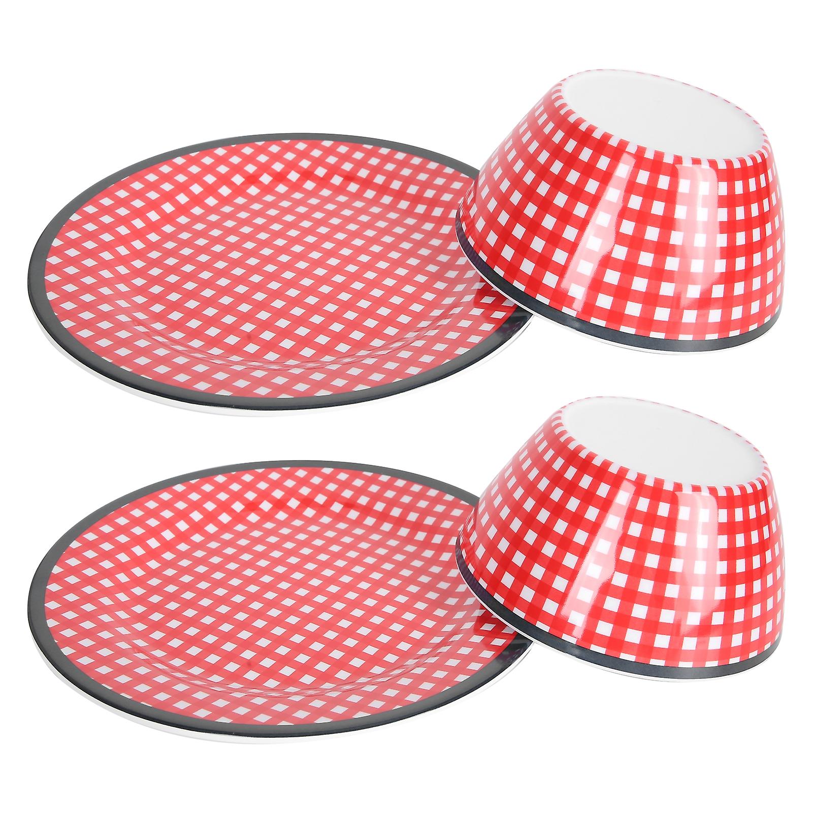 Ab06010+bt009 4pcs Tableware Set Imitation Porcelain Plate Bowl Red Grid Salad Bowl Kit