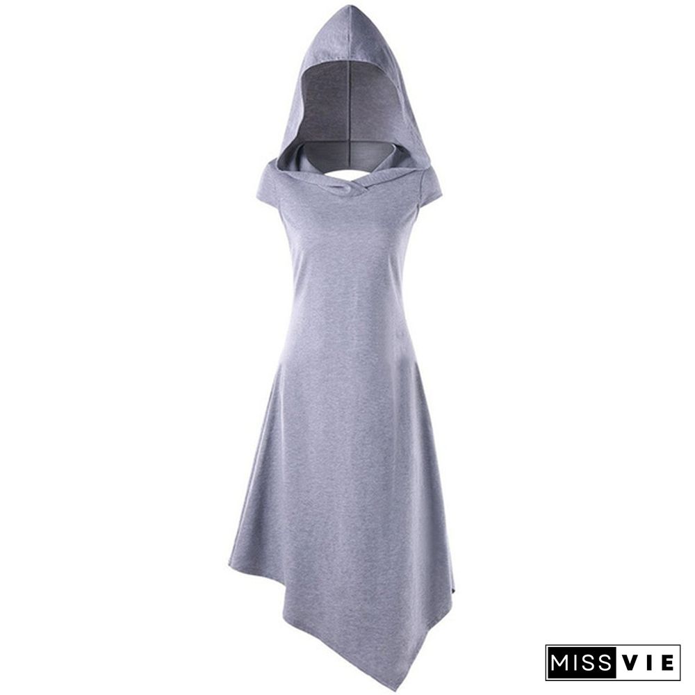 Gothic Medieval Style Women Hooded Criss Cross Irregular Handkerchief Dress Summer Casual Sleeveless Dress Asymmetrical Dresses