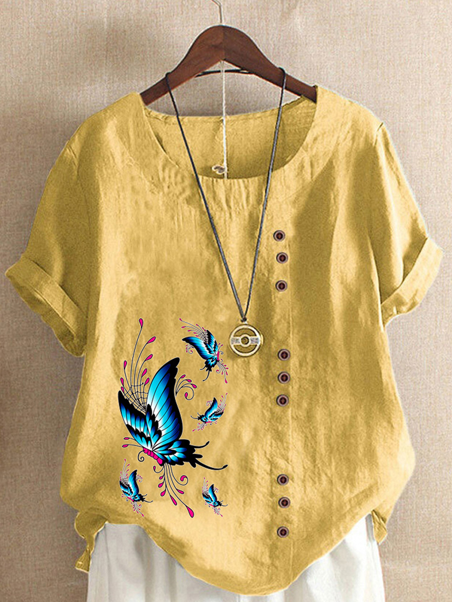 Loose Casual Butterfly Print Crew Neck Short Sleeve Blouse